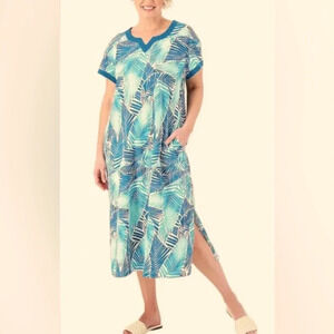 Stan Herman The Hamptons 100% Cotton V-Neck Caftan Aqua/Palm Size L Loungewear